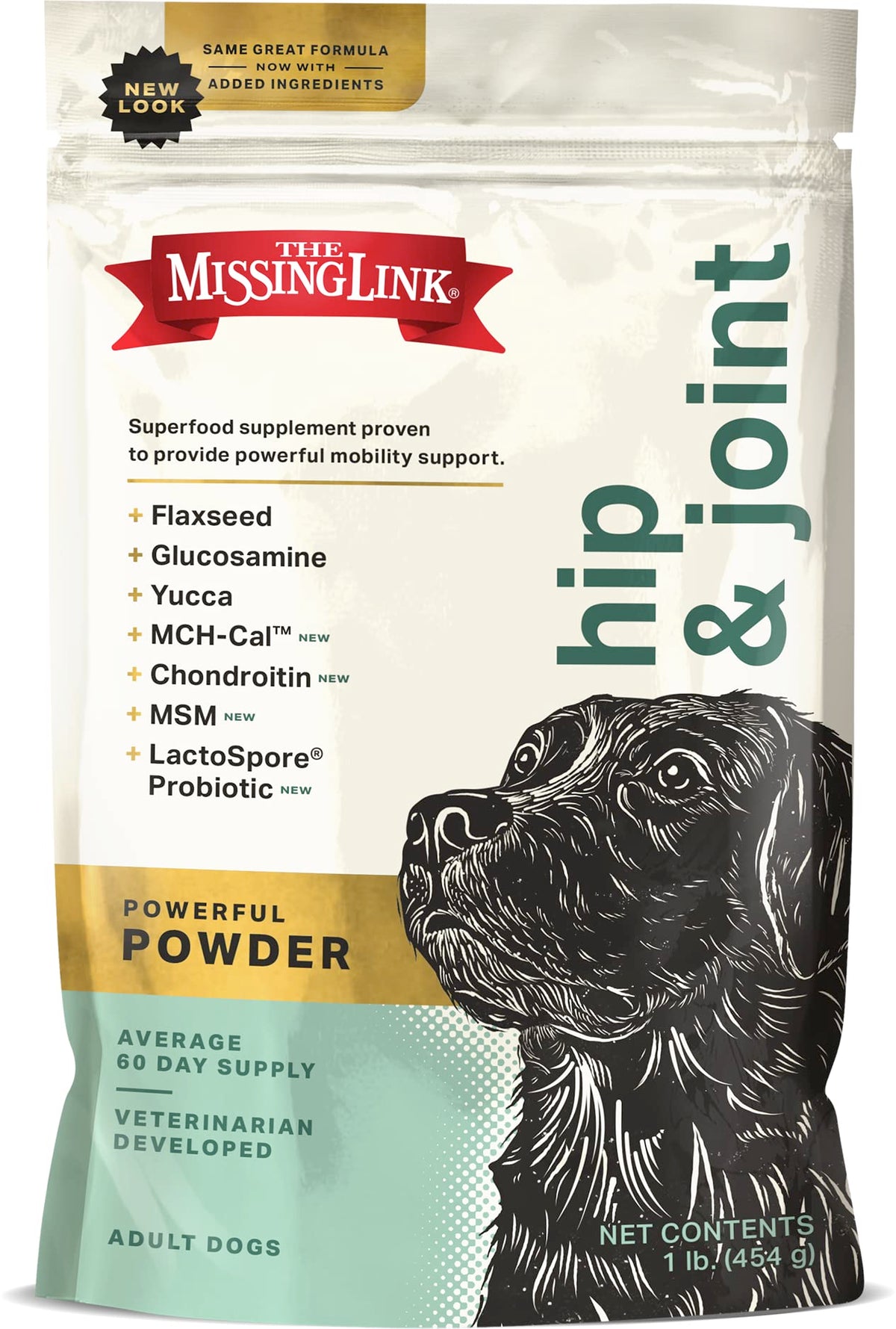 The Missing Link hip & joint probiotic bag front shows veterinarian-formulated support for dogs