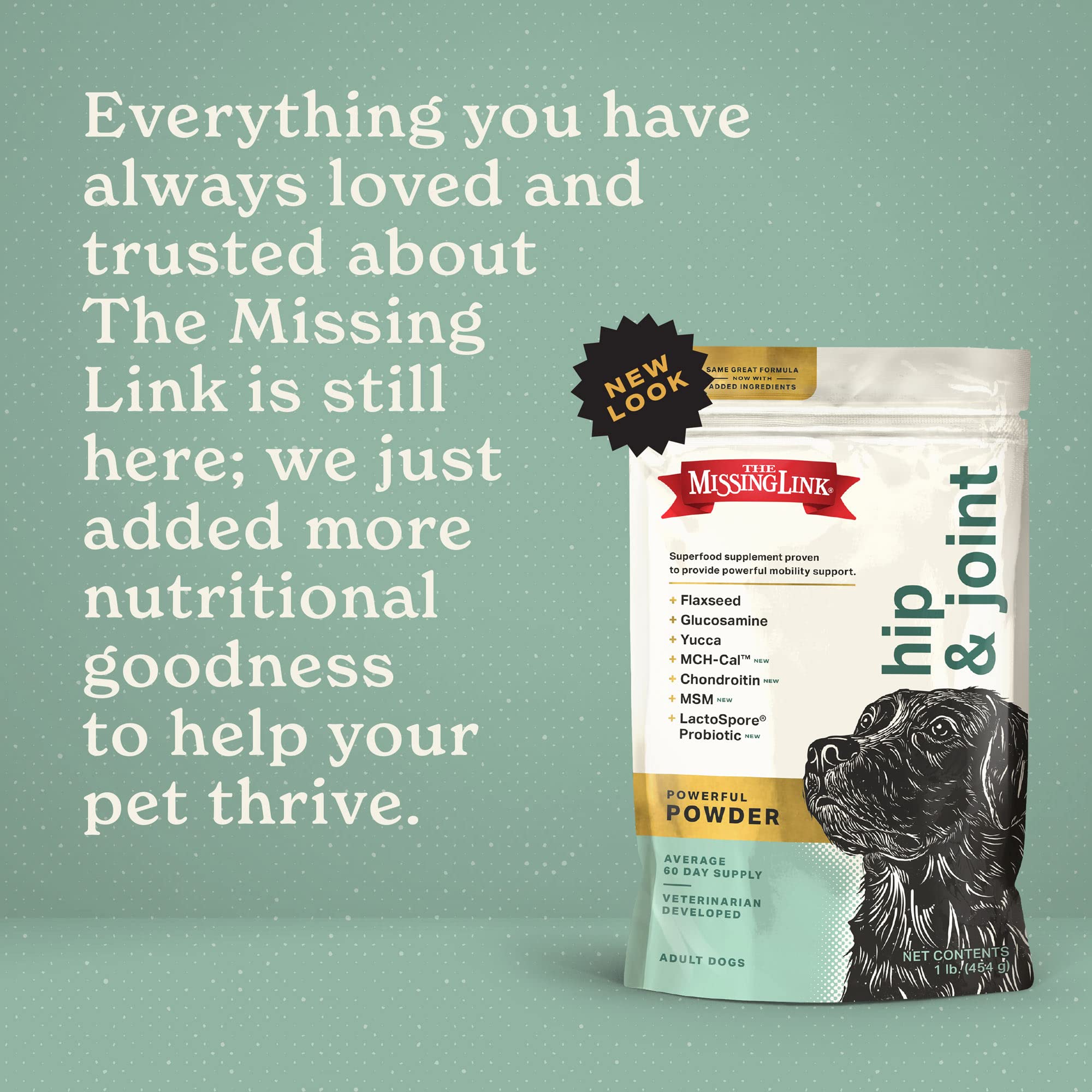 The Missing Link bag highlights omega fats and key nutrients for joints