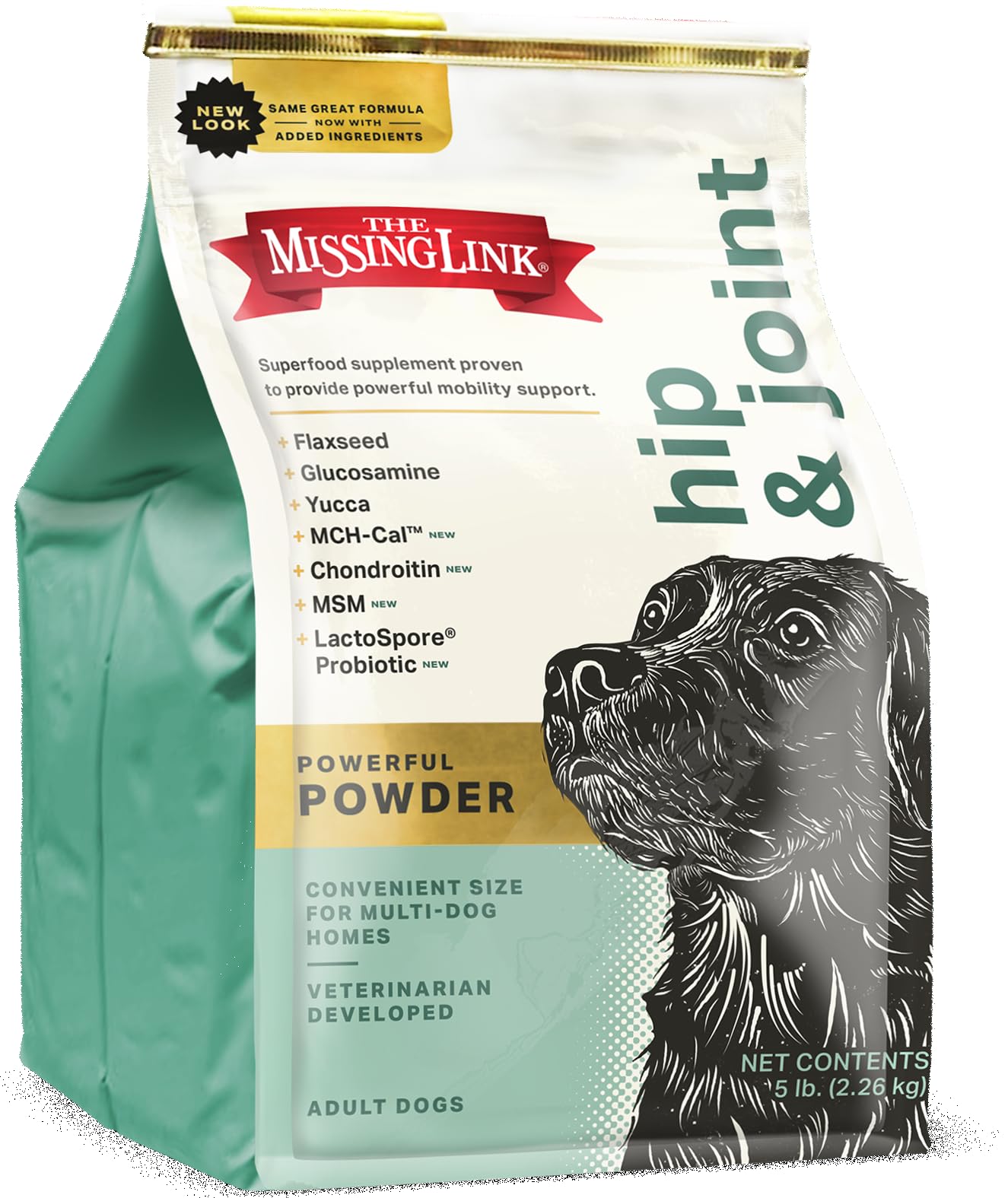 The Missing Link hip joint probiotic powder 5lb bag front promotes joint health and overall mobility.
