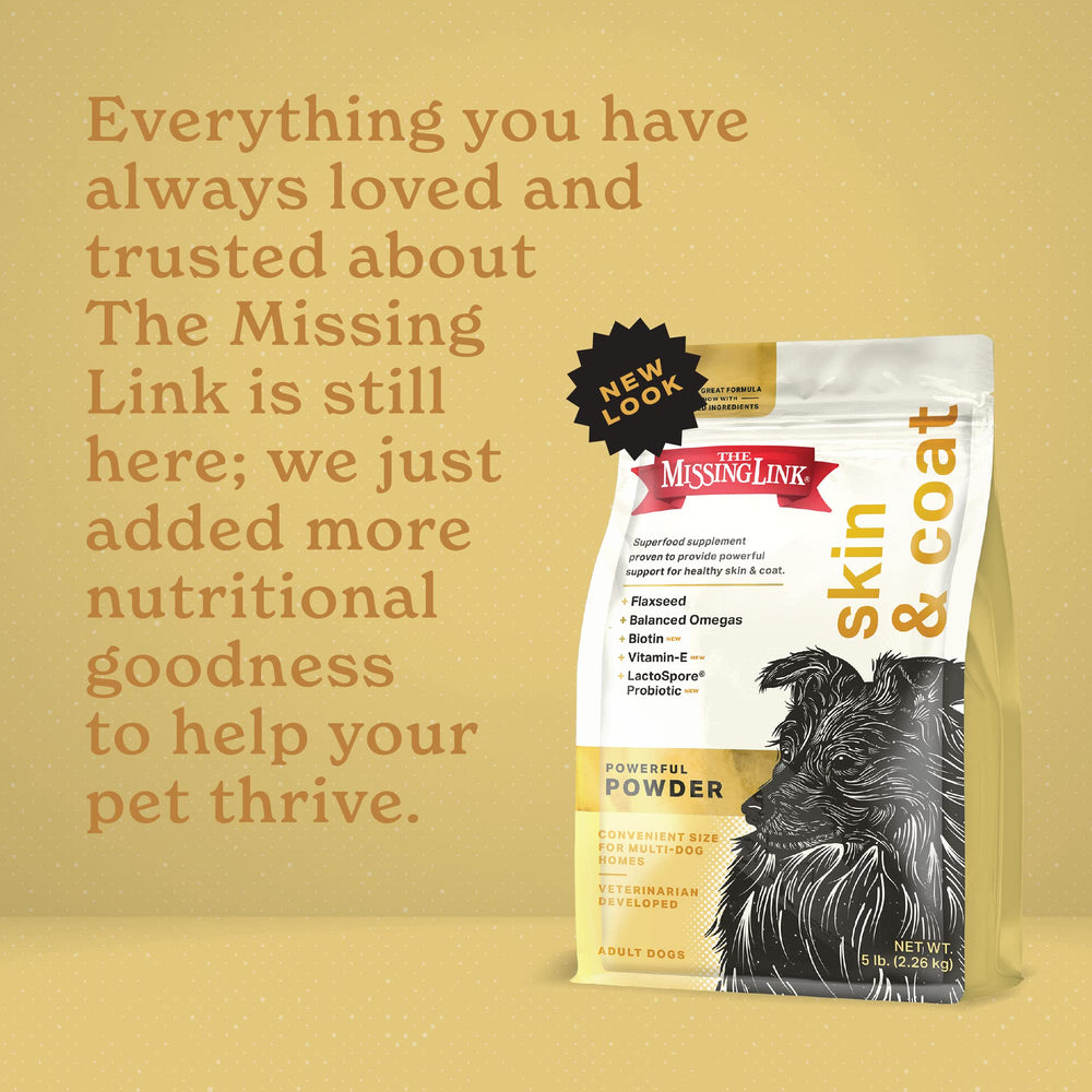 The Missing Link nutrient-rich whole foods and concentrates provide wholesome nutrition for skin and coat.
