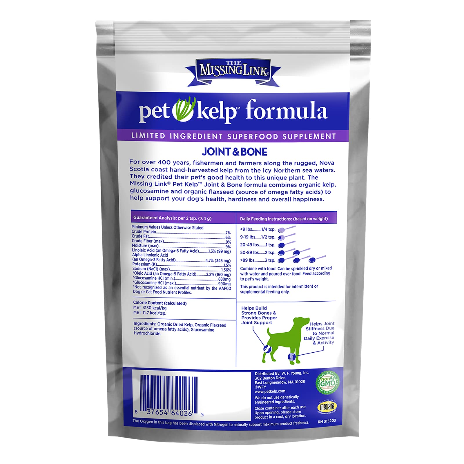 The Missing Link Pet Kelp Canine Joint & Bone ingredient panel highlights organic kelp and flaxseed