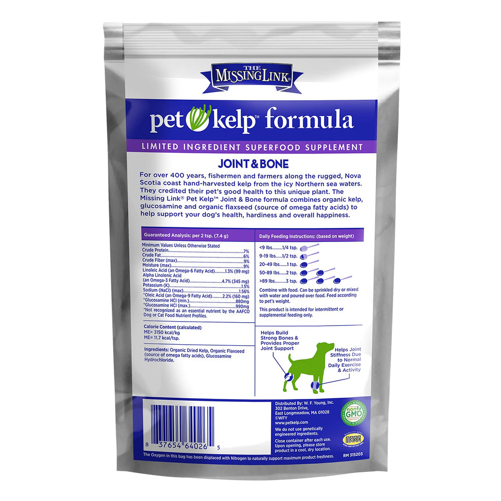 The Missing Link Pet Kelp Canine Joint & Bone ingredient panel highlights organic kelp and flaxseed