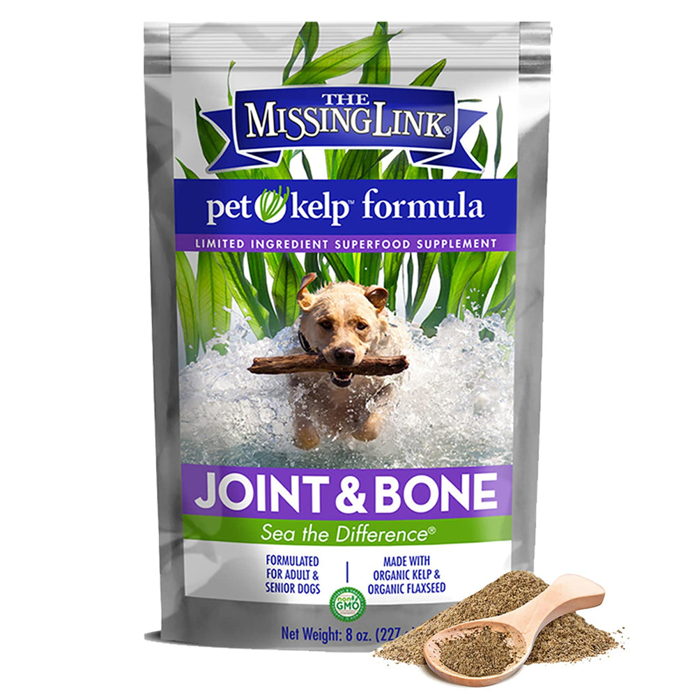 The Missing Link Pet Kelp Canine Joint & Bone tub front shows organic powder supporting joint health