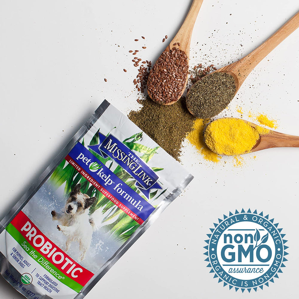The Missing Link Pet Kelp Canine Probiotic ingredients label highlighting organic, limited ingredients