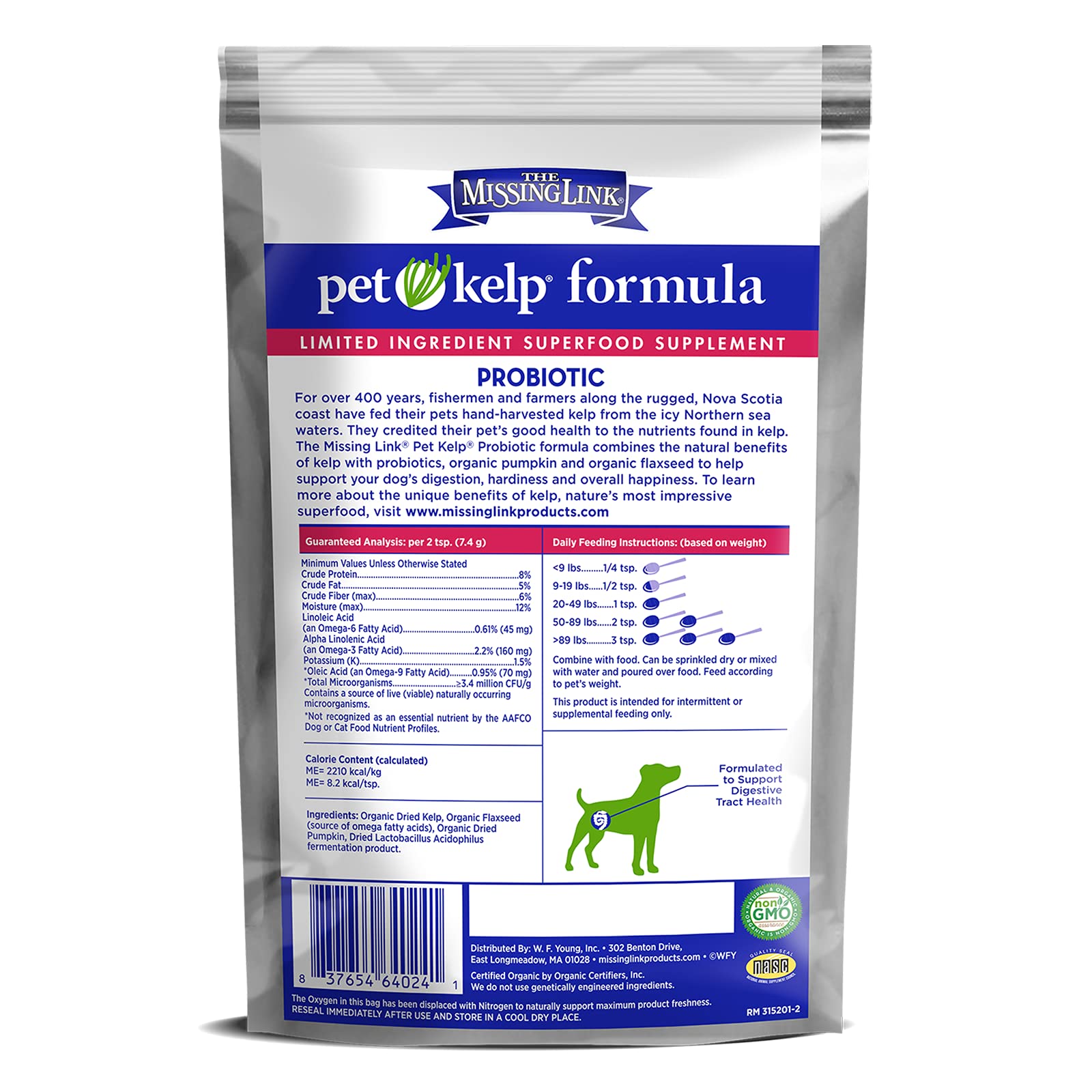 The Missing Link Pet Kelp Canine Probiotic powder jar showing organic ingredients