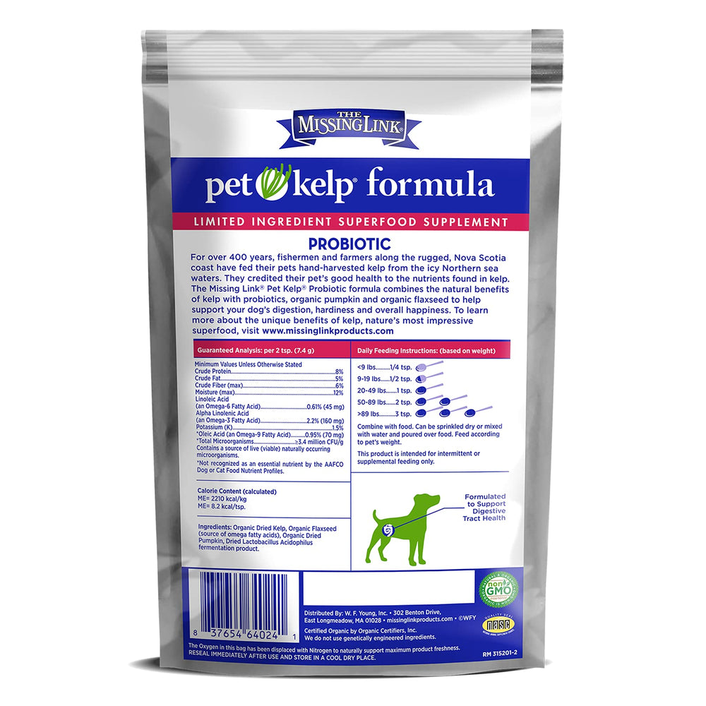 The Missing Link Pet Kelp Canine Probiotic powder jar showing organic ingredients