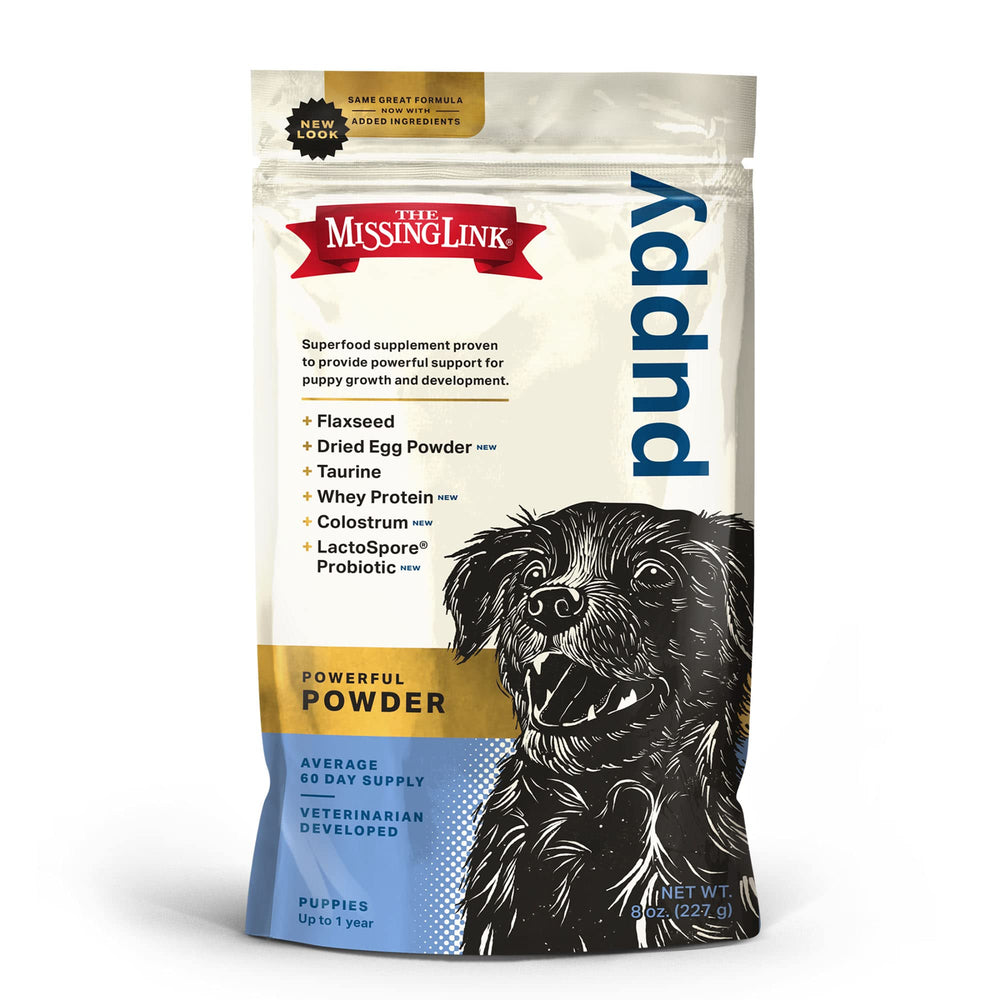 The Missing Link Puppy supplement bottle front highlighting growth support and immune health.