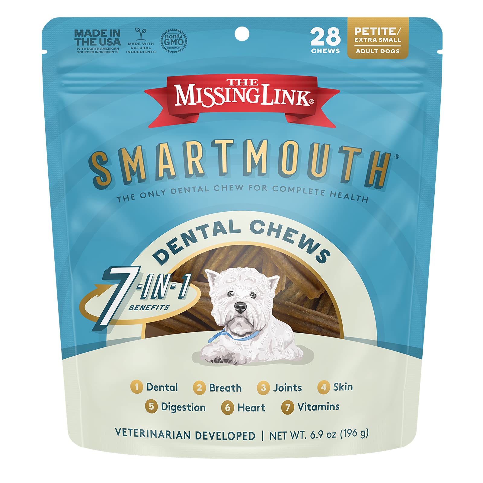 The Missing Link Smartmouth dental chew bottle front showing a daily dental care treat