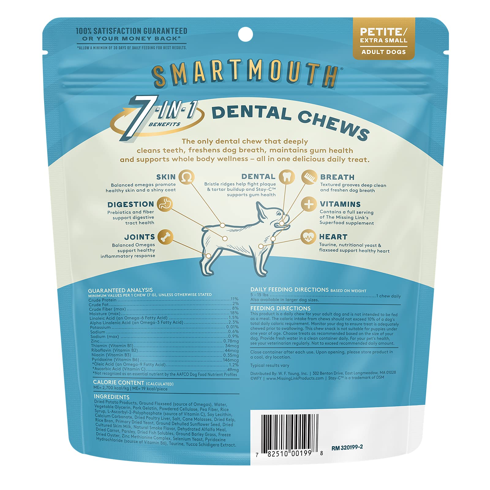 The Missing Link Smartmouth dental chew ingredient view emphasizing omegas and flaxseed
