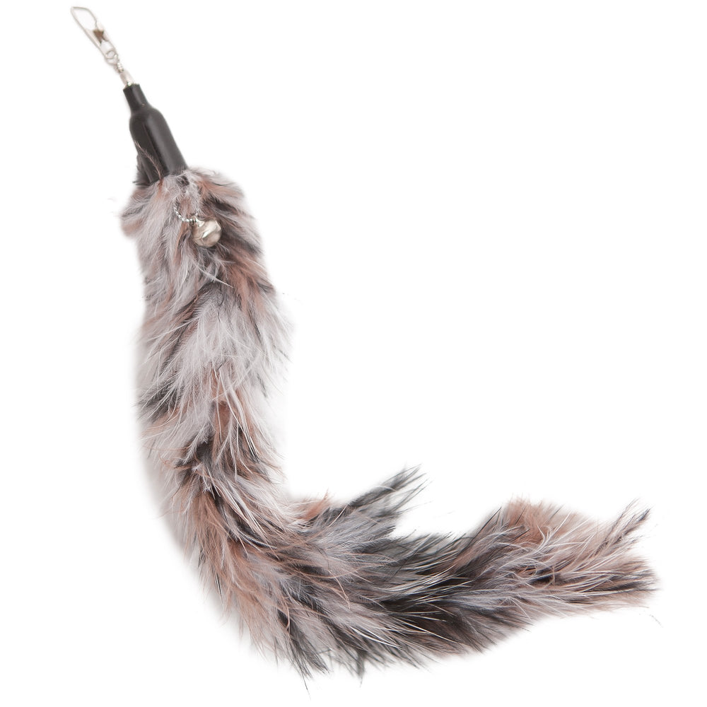 The Natural Pet Company feather refill closeup feathers stimulate hunting instincts in cats during interactive sessions.