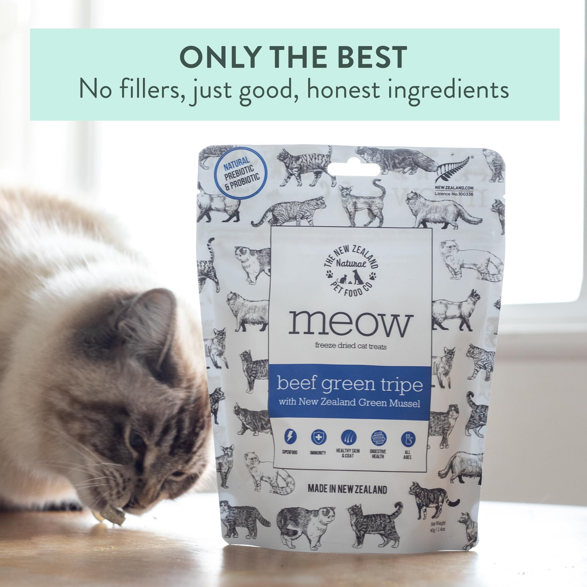 The New Zealand Natural Pet Food Co Meow treats suitable for all life stages and picky eaters.