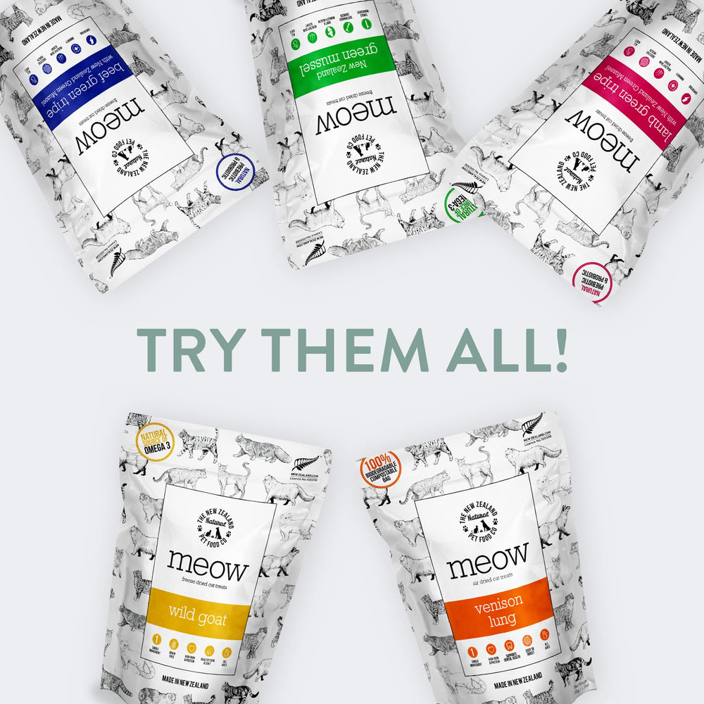 The New Zealand Natural Pet Food Co MEOW all life stages snack demonstrates versatile use for cats