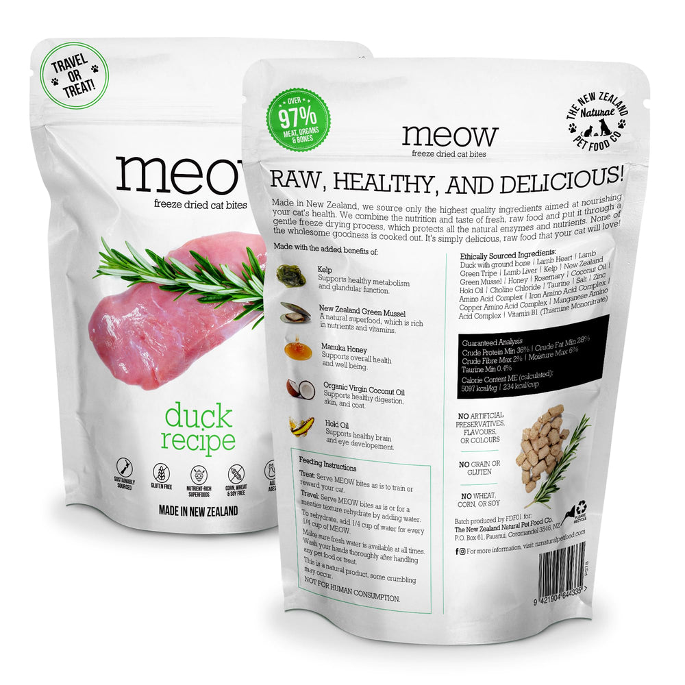 The New Zealand Natural Pet Food Co Meow Duck freeze-dried serving bowl illustrates convenient meal topper idea.