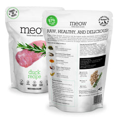 The New Zealand Natural Pet Food Co Meow Duck freeze-dried serving bowl illustrates convenient meal topper idea.