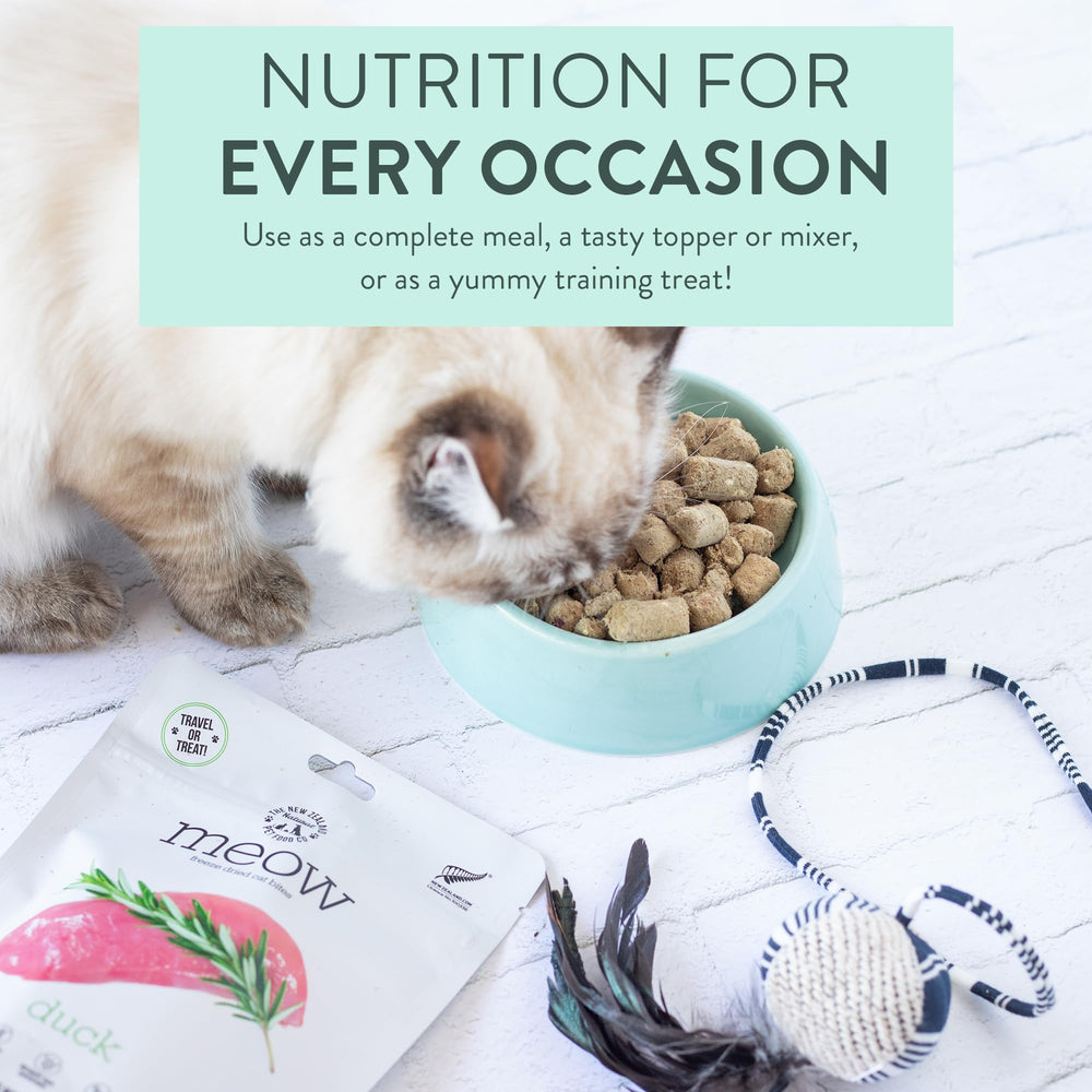 The New Zealand Natural Pet Food Co Meow Duck freeze-dried packaging closeup emphasizes premium ingredients.