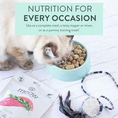 The New Zealand Natural Pet Food Co Meow Duck freeze-dried packaging closeup emphasizes premium ingredients.