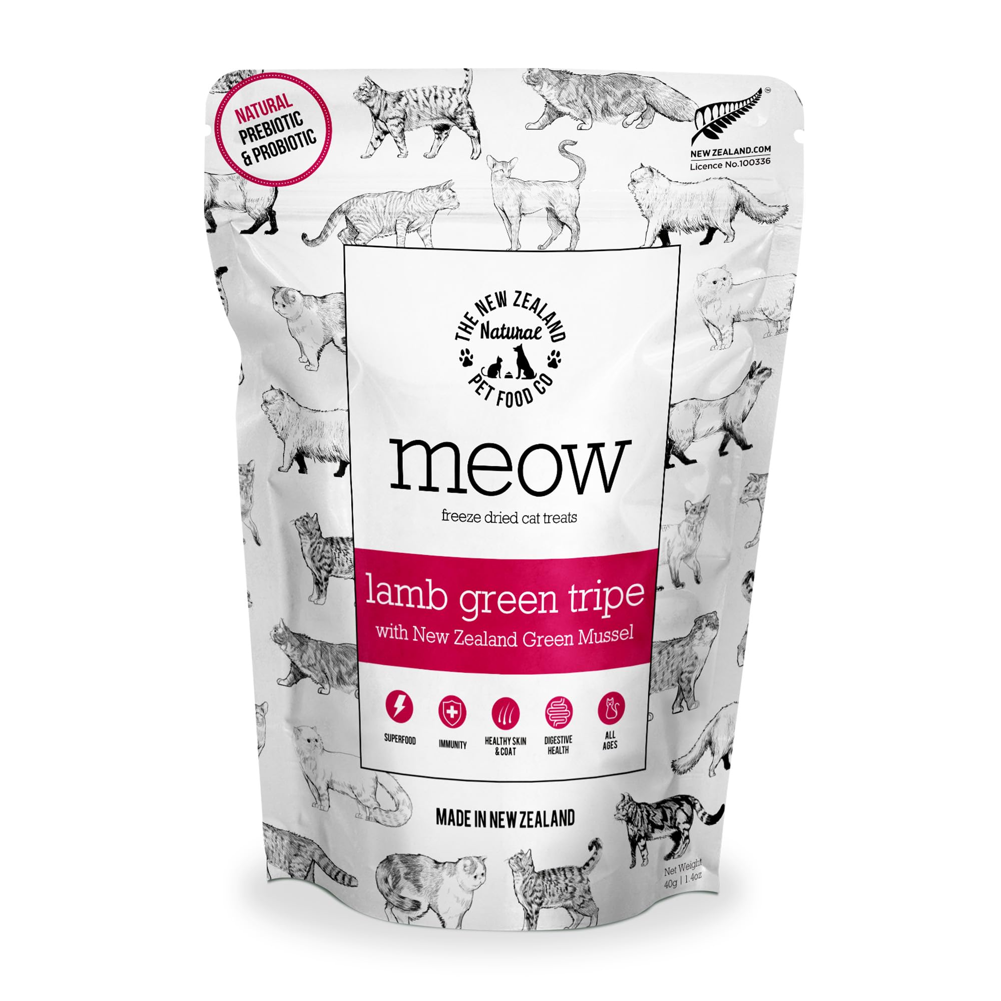 The New Zealand Natural Pet Food Co MEOW freeze-dried bag packshot showing a wholesome snack option