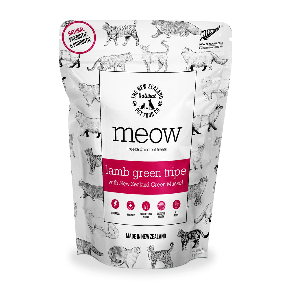 The New Zealand Natural Pet Food Co MEOW freeze-dried bag packshot showing a wholesome snack option
