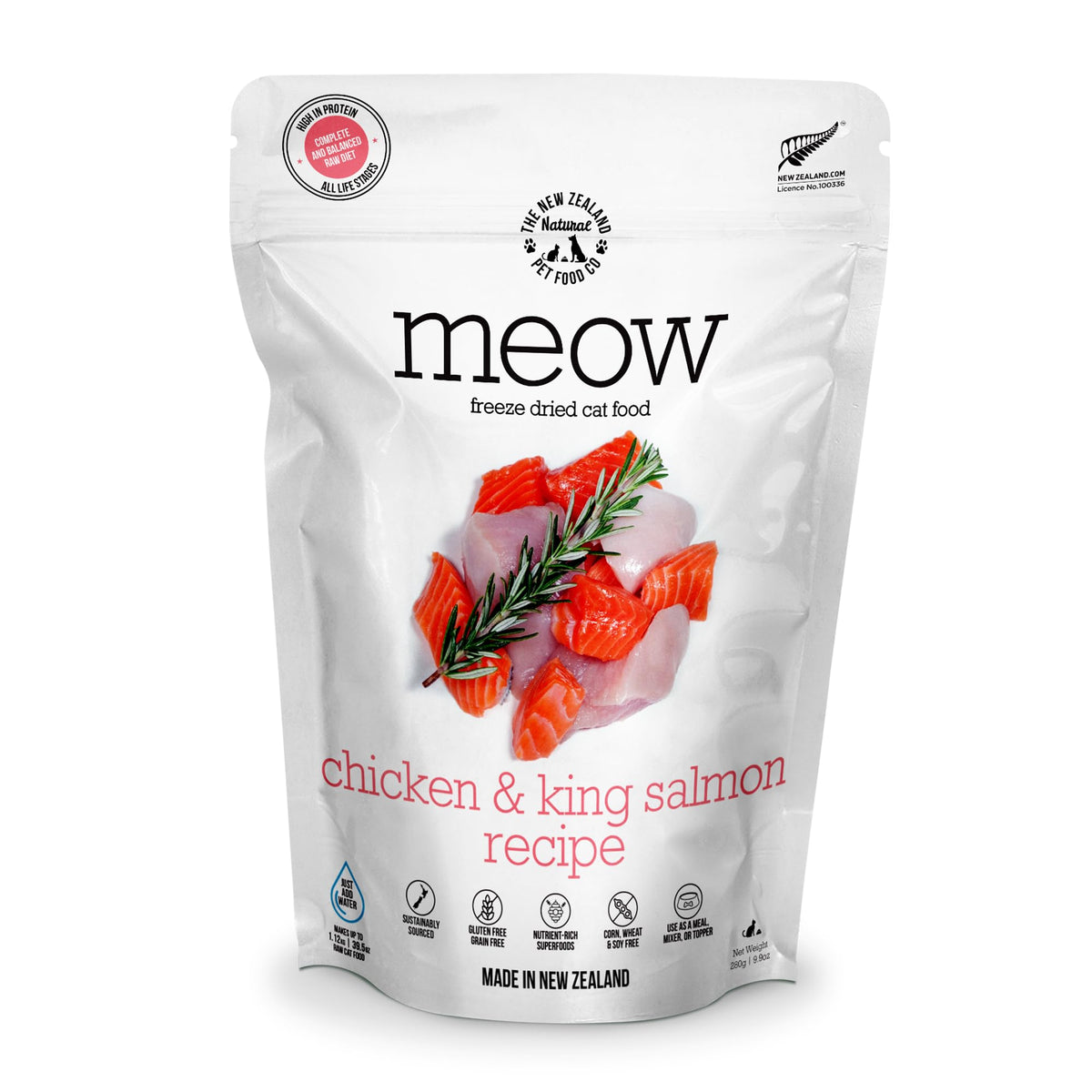 The New Zealand Natural Pet Food Co Meow packaging bag shows chicken and king salmon recipe for protein-rich meals.