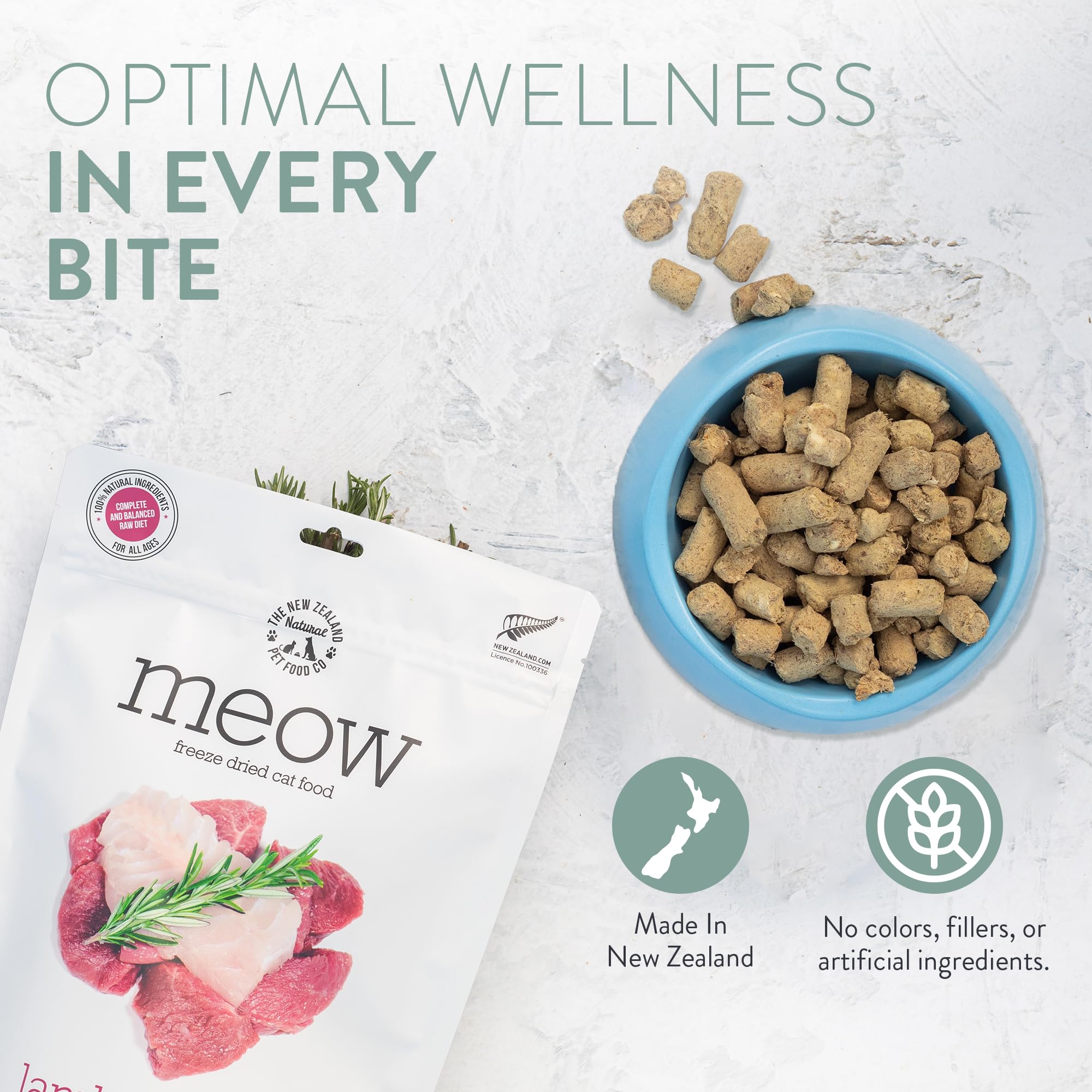 The New Zealand Natural Pet Food Co Meow ingredients lamb green tripe with digestive enzymes.
