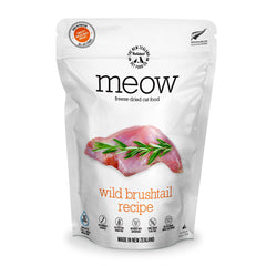 The New Zealand Natural Pet Food Co Meow Freeze Dried Wild Brushtail Recipe bag highlights high-protein cat nourishment.