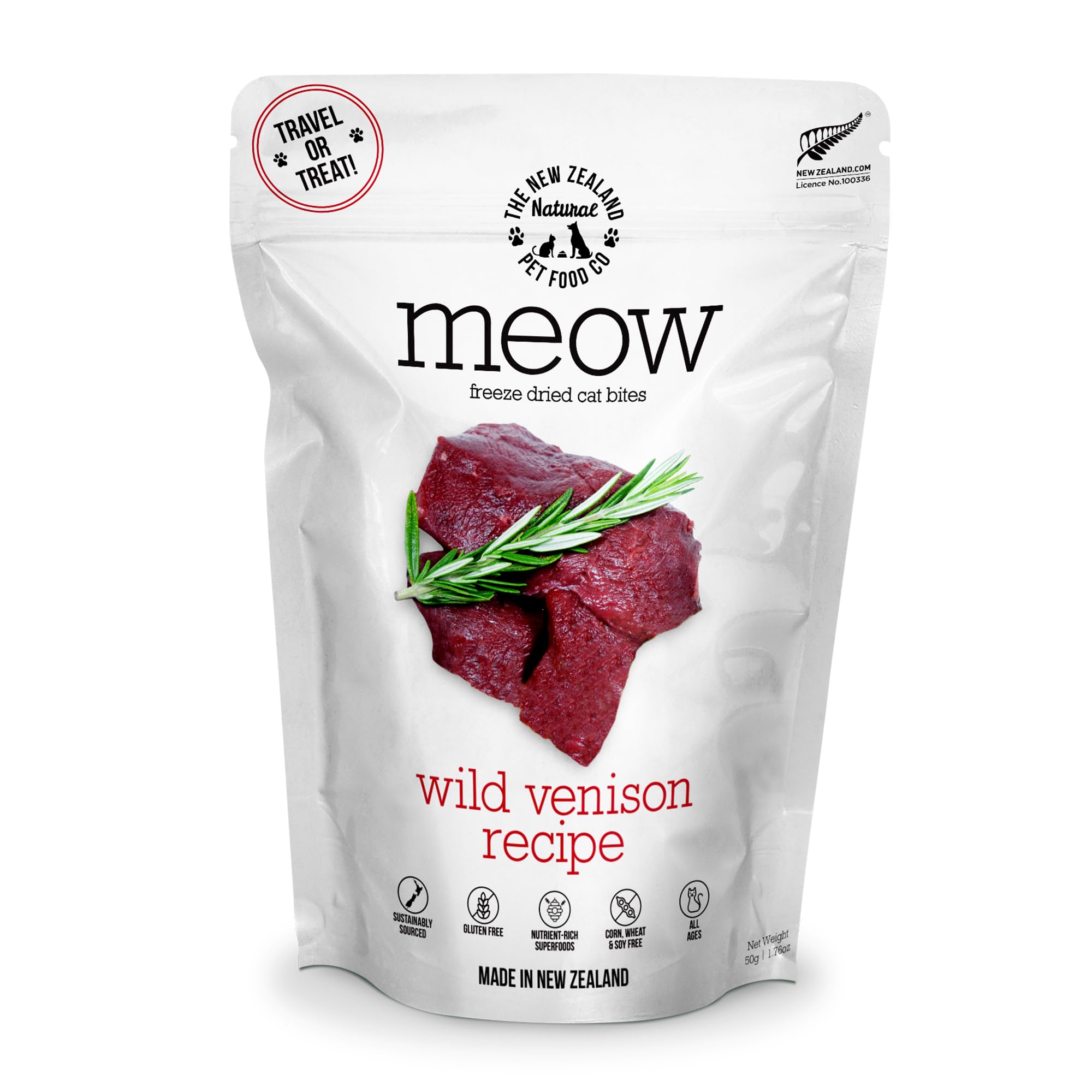 The New Zealand Natural Pet Food Co Meow Freeze Dried Wild Venison Recipe bag close highlights premium ingredients for complete meals.