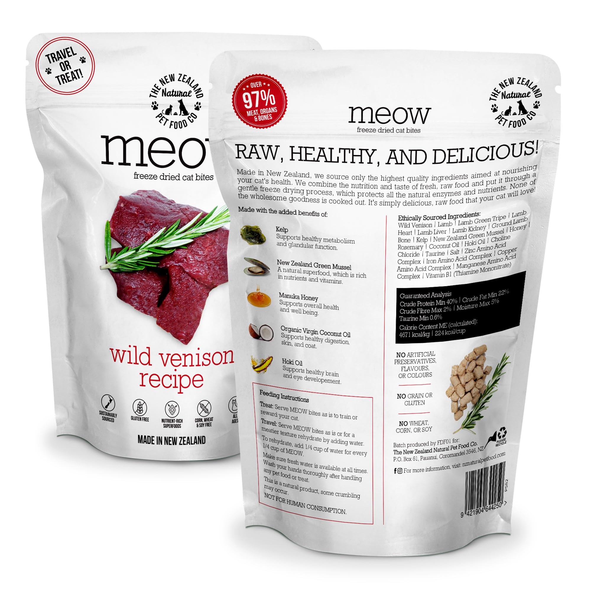 The New Zealand Natural Pet Food Co Meow Freeze Dried Wild Venison Recipe meal bowl emphasizes high-protein nutrition for cats.