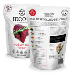The New Zealand Natural Pet Food Co Meow Freeze Dried Wild Venison Recipe meal bowl emphasizes high-protein nutrition for cats.