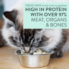 The New Zealand Natural Pet Food Co Meow Freeze Dried Wild Venison Recipe raw ingredients close-up shows nutrient-dense composition.