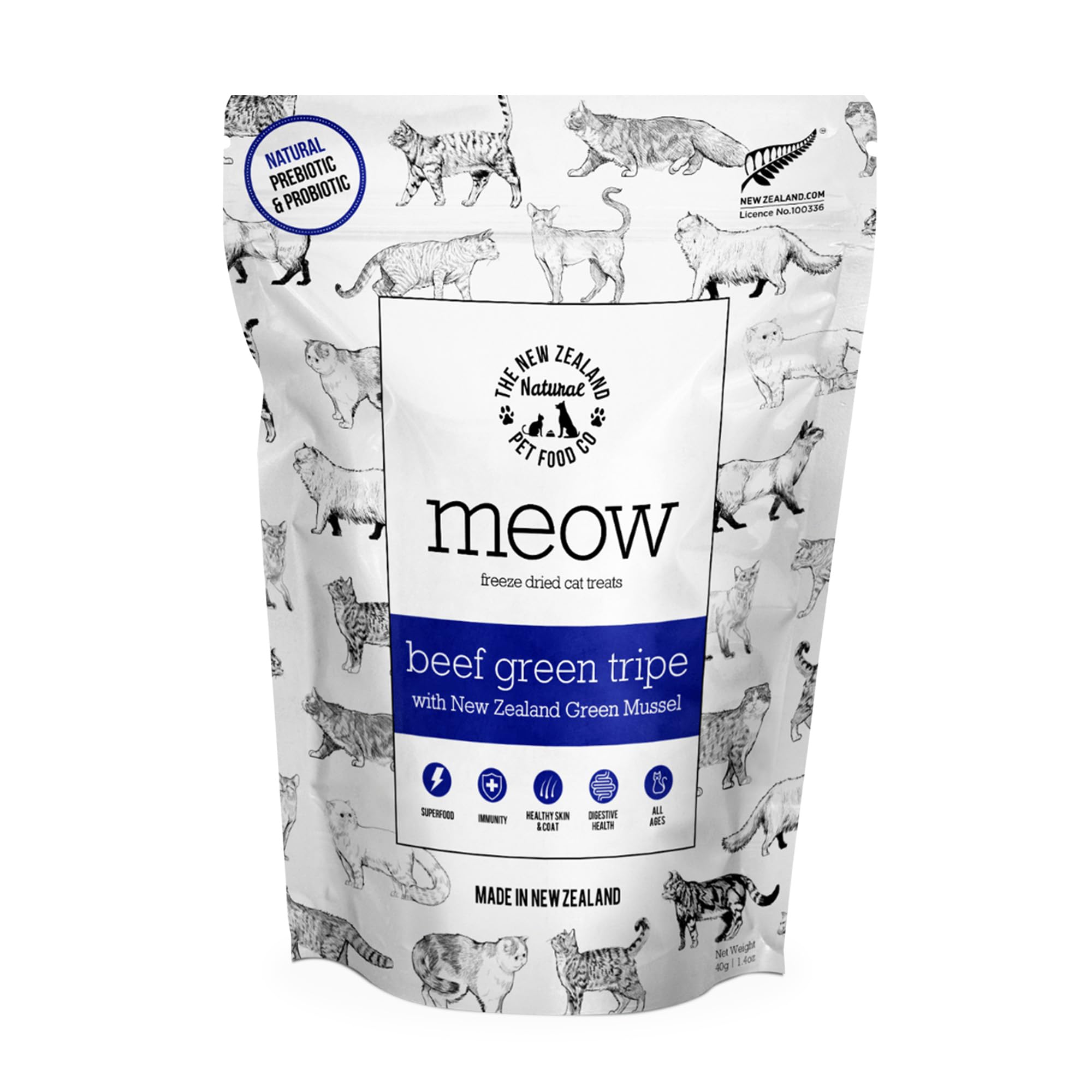 The New Zealand Natural Pet Food Co Meow freeze-dried beef-tripe cat treats for gut health support.