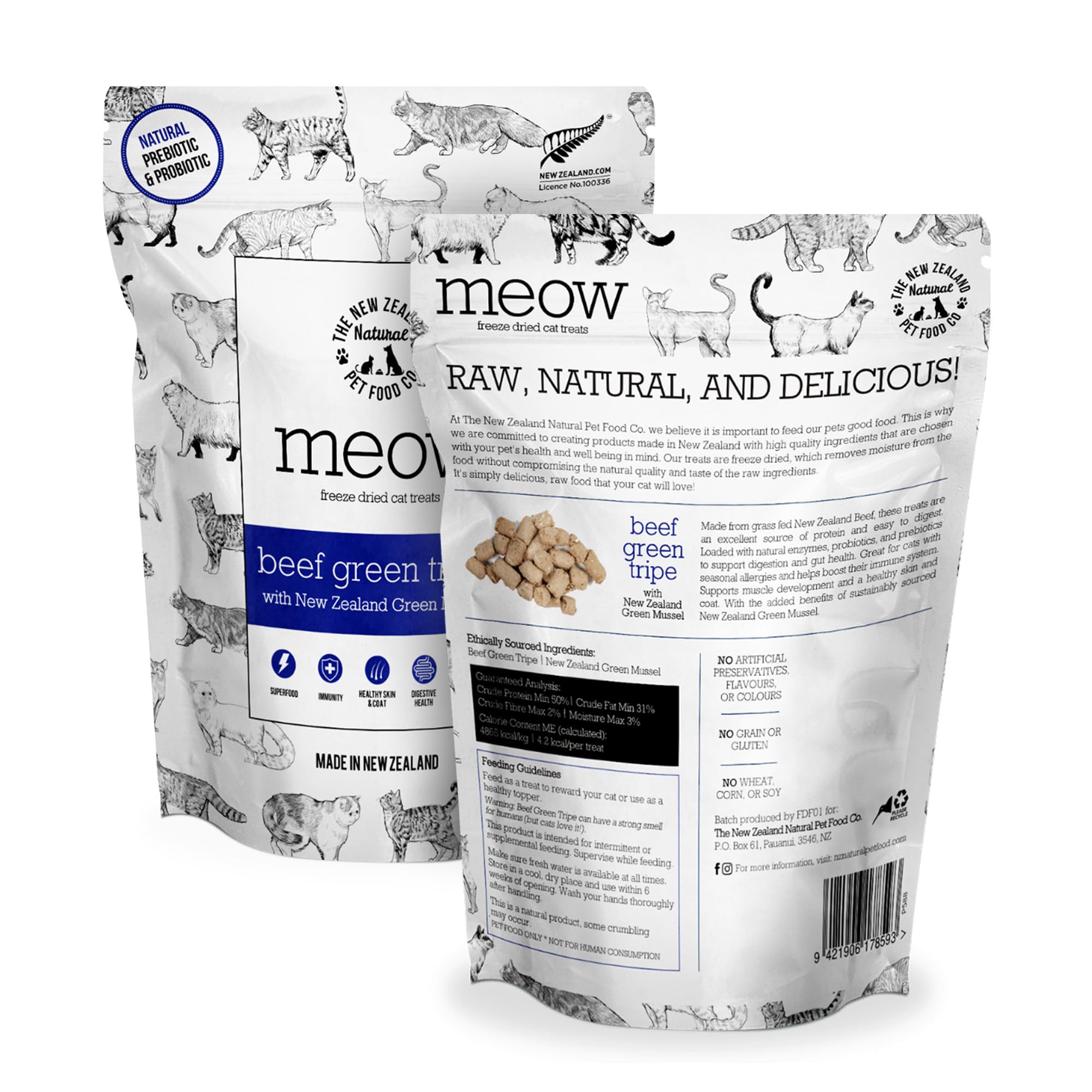 The New Zealand Natural Pet Food Co Meow freeze-dried cat treats with green mussels for joint health.