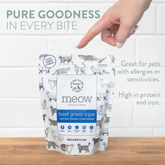 The New Zealand Natural Pet Food Co Meow freeze-dried cat toppers for meal enhancement.
