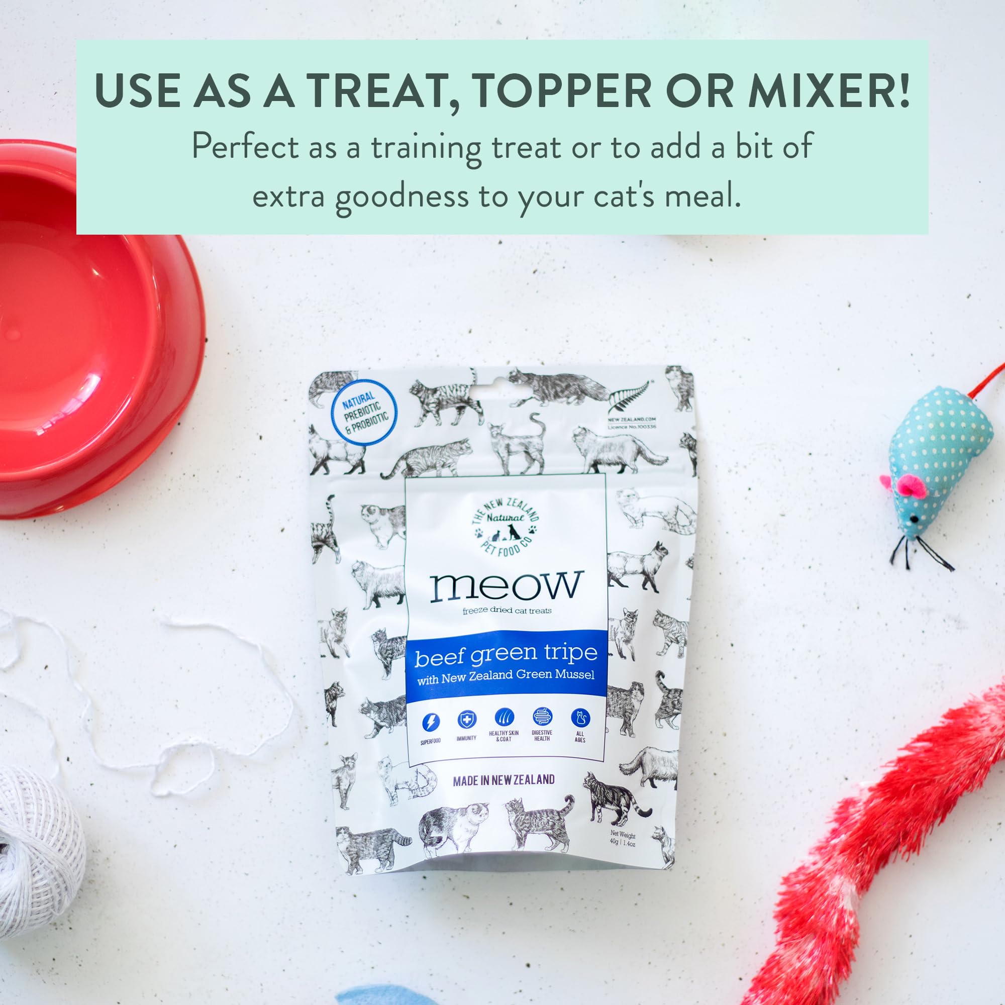 The New Zealand Natural Pet Food Co Meow treats as training rewards with high protein.