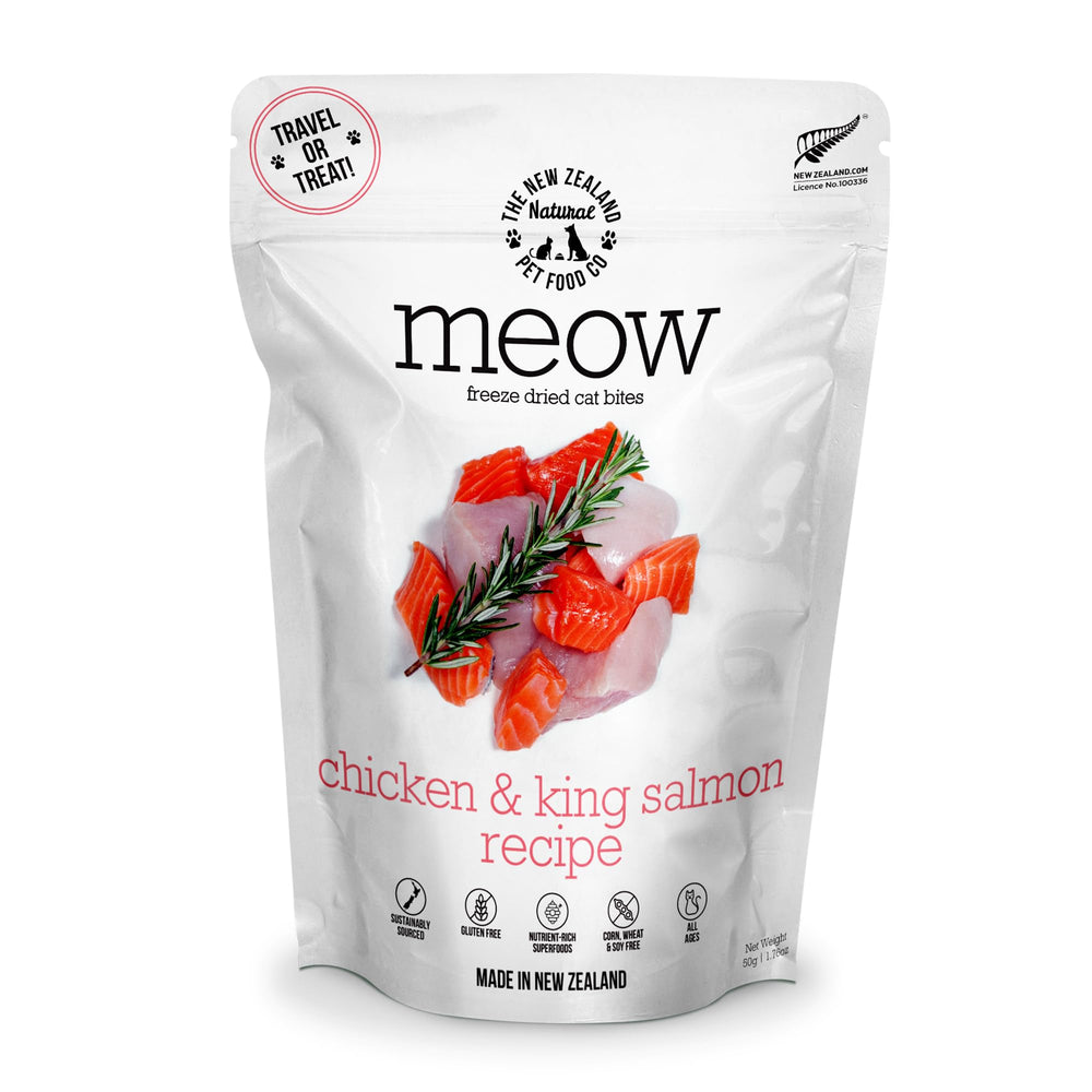 The New Zealand Natural Pet Food Co. Meow freeze-dried chicken bites provide high-protein nutrition for meals.