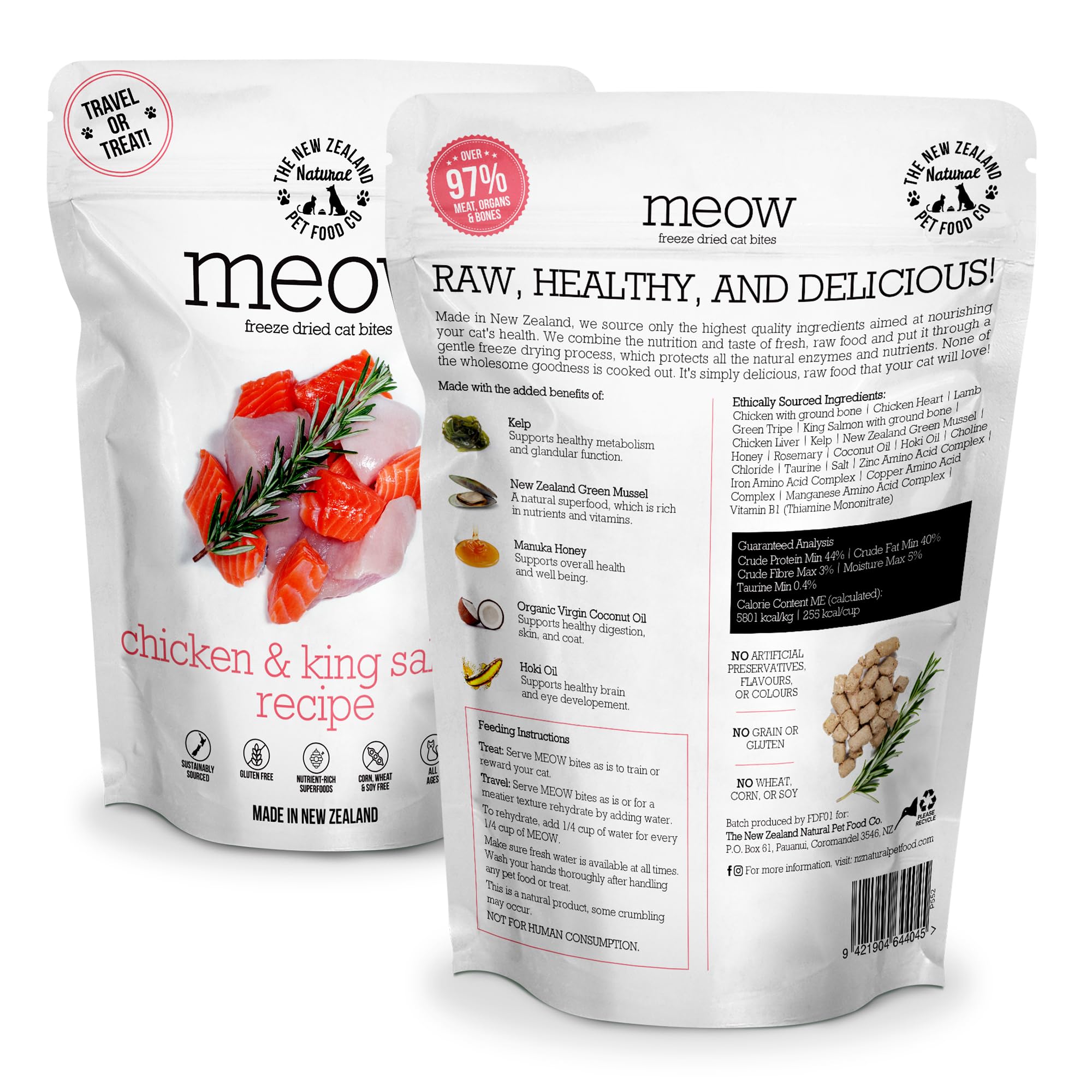The New Zealand Natural Pet Food Co. Meow freeze-dried king salmon bites offer protein-packed treats.