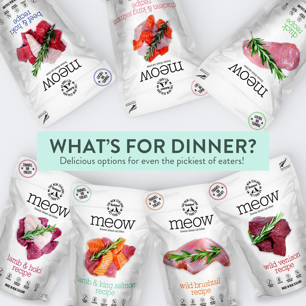 The New Zealand Natural Pet Food Co. Meow freeze-dried label shows gluten-free and GMO-free formulation.