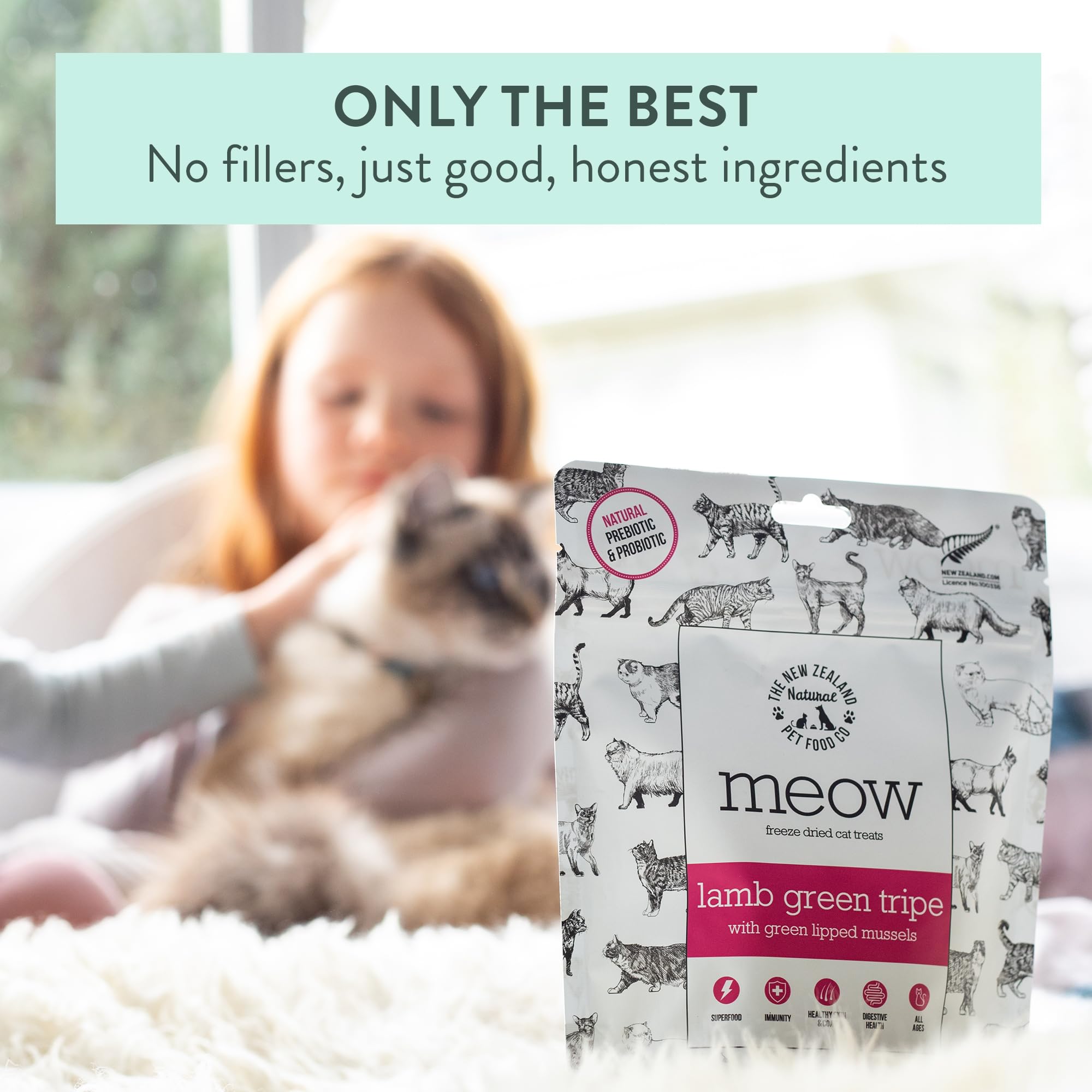 The New Zealand Natural Pet Food Co MEOW green mussel detail signals joint-supporting seafood nutrition