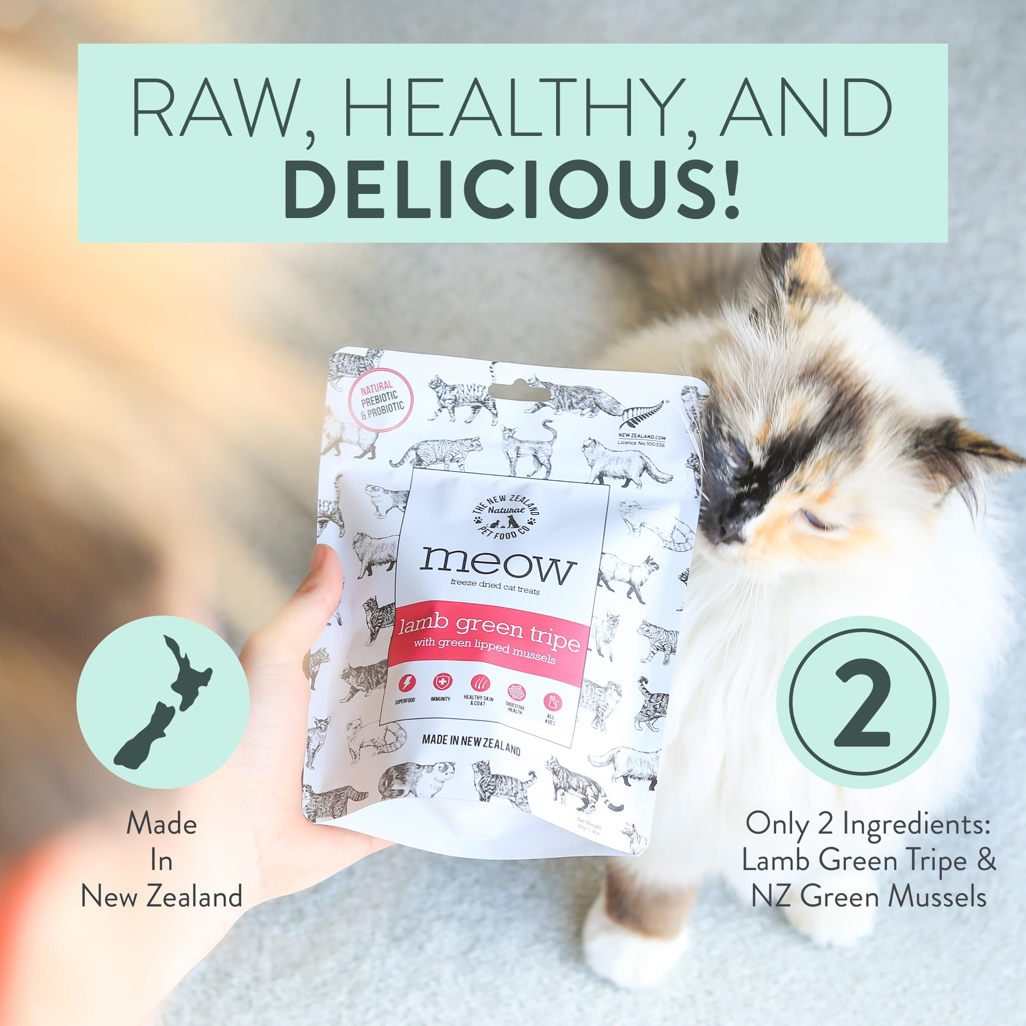 The New Zealand Natural Pet Food Co MEOW ingredients pack focuses on two-ingredient, ethical sourcing