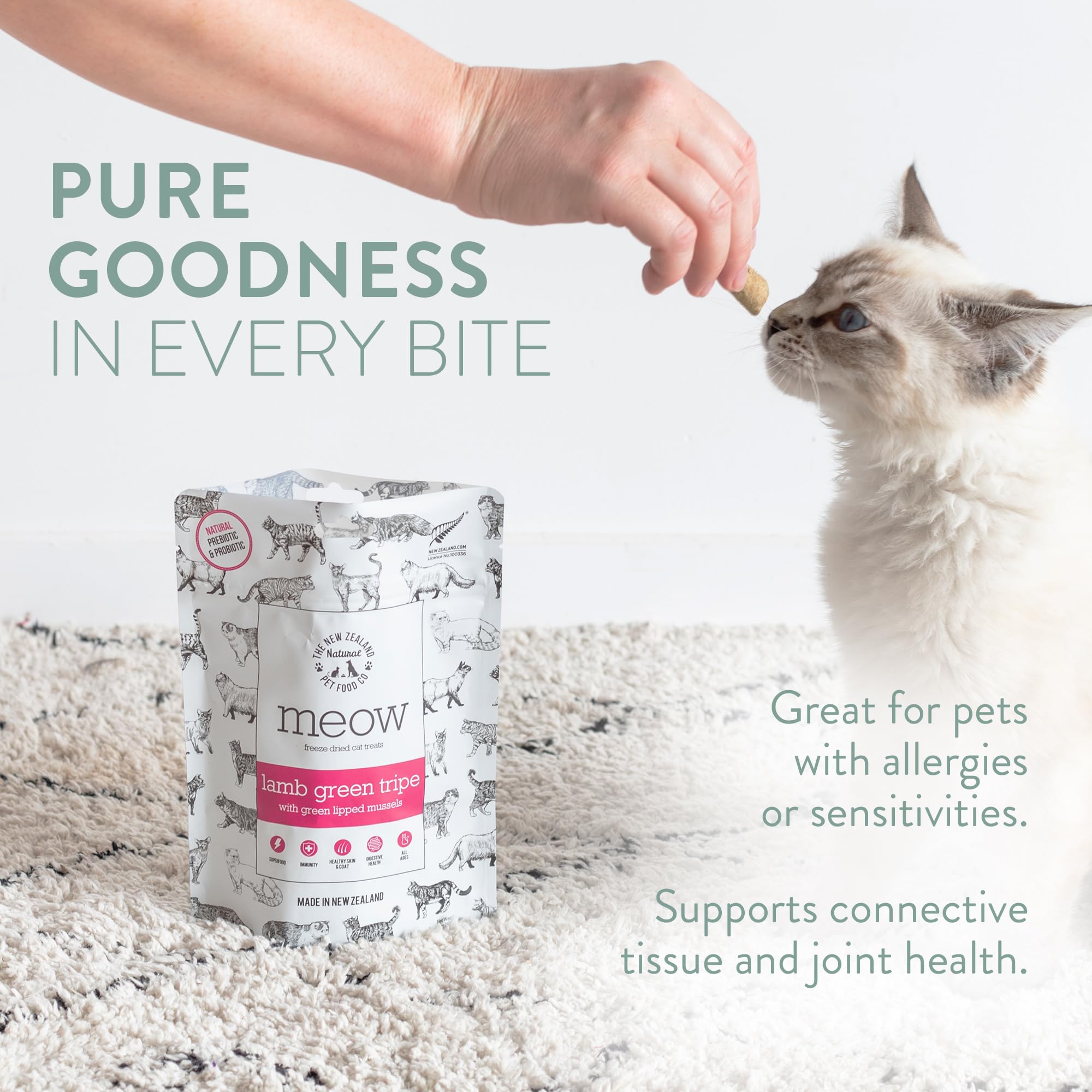 The New Zealand Natural Pet Food Co MEOW treat closeup highlights crunchy texture and appeal
