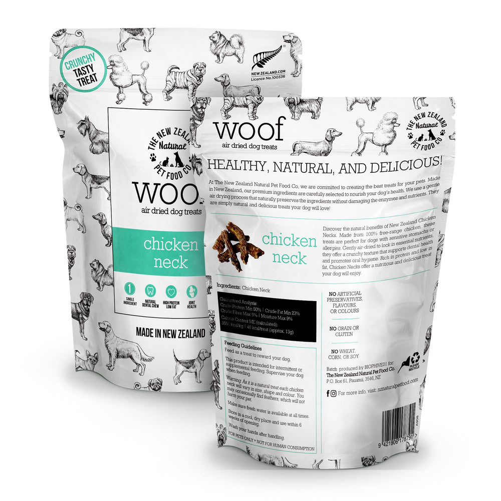 The New Zealand Natural Pet Food Co. WOOF air-dried closeup highlights protein-packed chicken neck bites.