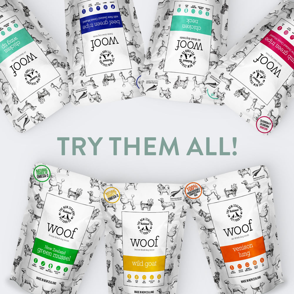 The New Zealand Natural Pet Food Co. WOOF ingredient panel emphasizes gluten-free, grain-free goodness.
