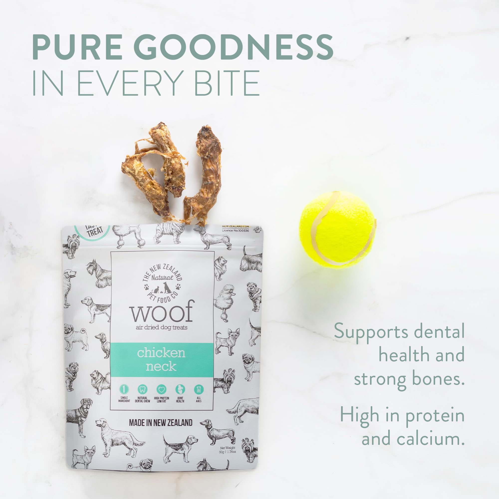 The New Zealand Natural Pet Food Co. WOOF Chicken Neck Treat meal topper usage demonstrates meal boost.