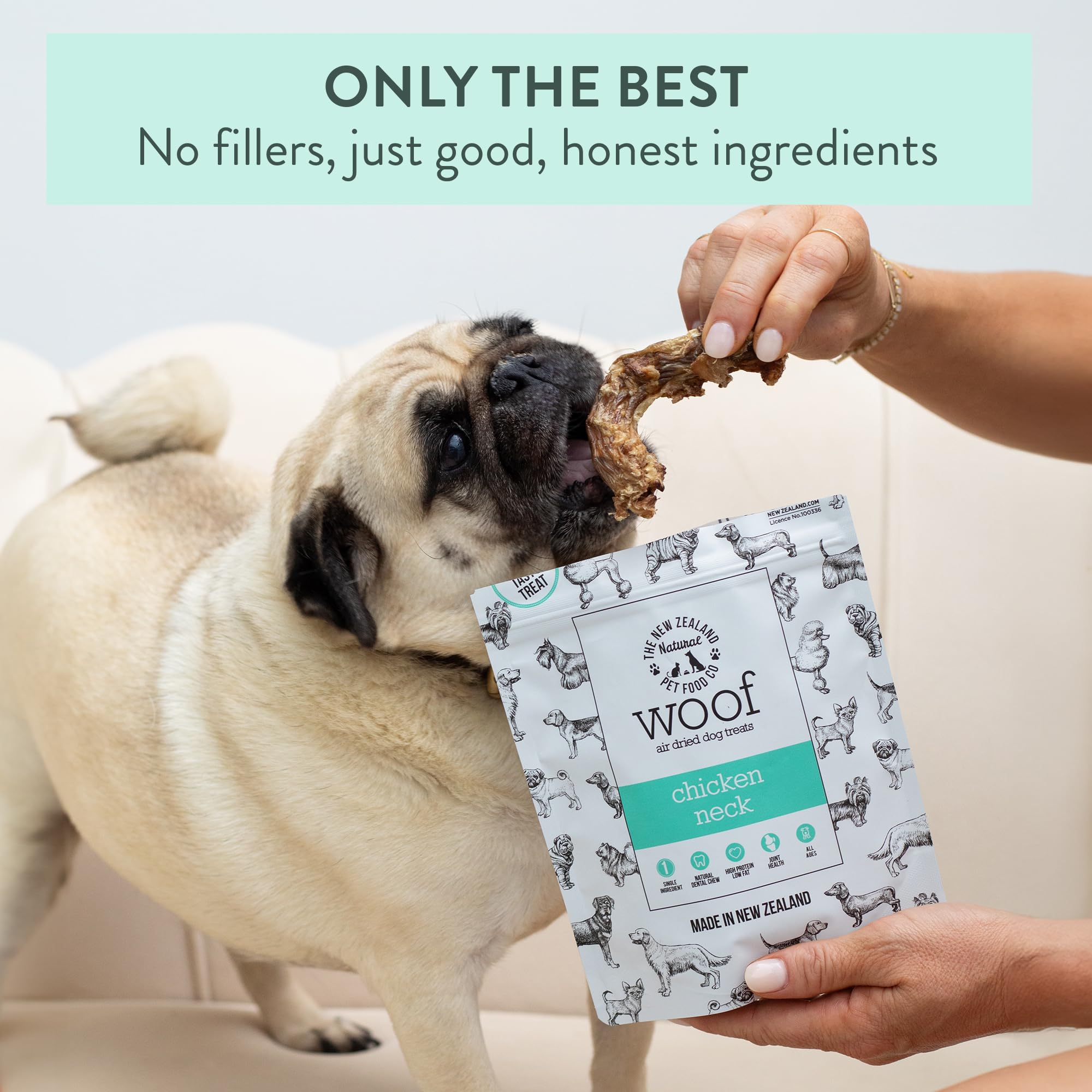 The New Zealand Natural Pet Food Co. WOOF chicken neck treat NZ-made highlight.