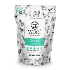 The New Zealand Natural Pet Food Co. WOOF Chicken Neck Treat packaging highlights a natural, allergy-friendly snack.