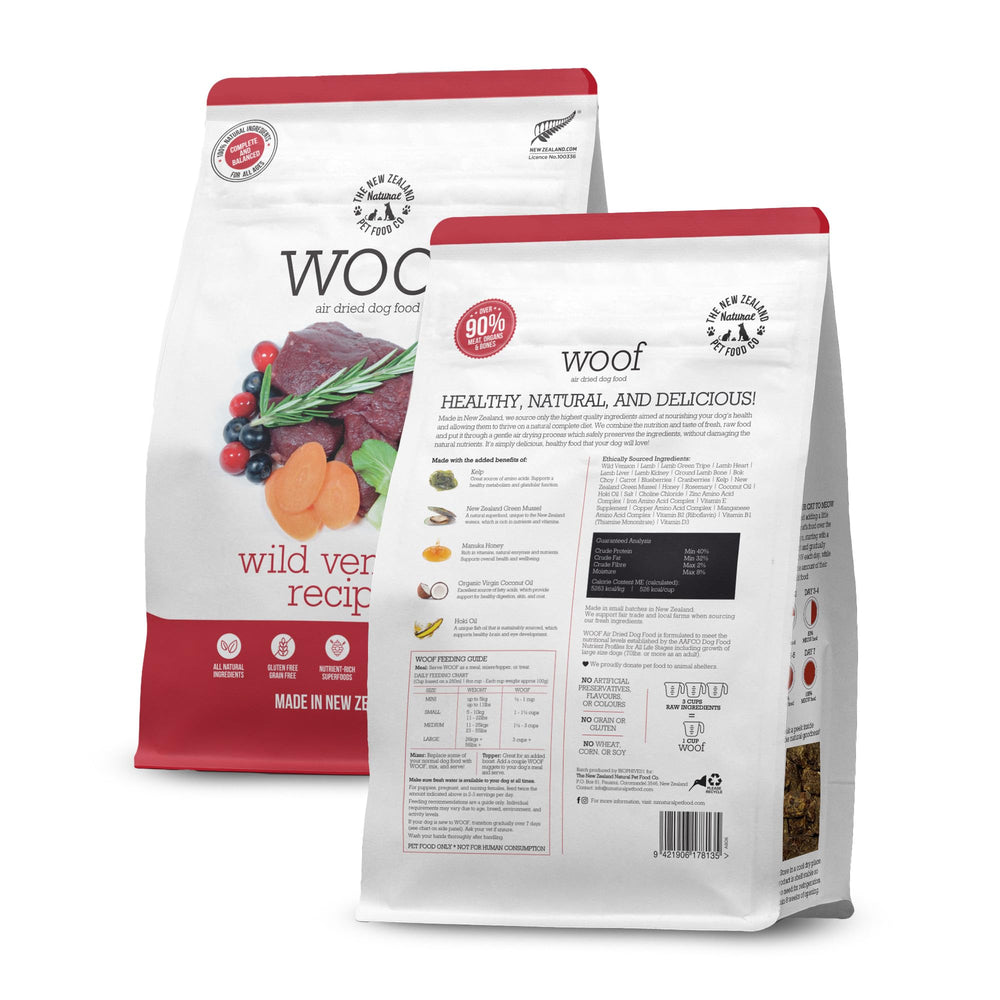 The New Zealand Natural Pet Food Co WOOF venison bites closeup texture highlighting air-dried form