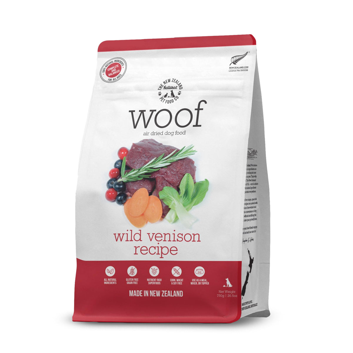 The New Zealand Natural Pet Food Co WOOF venison bites packshot showing high-protein dog food