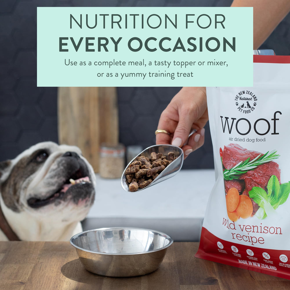 The New Zealand Natural Pet Food Co WOOF venison bites serving dish illustrating meal enhancement use