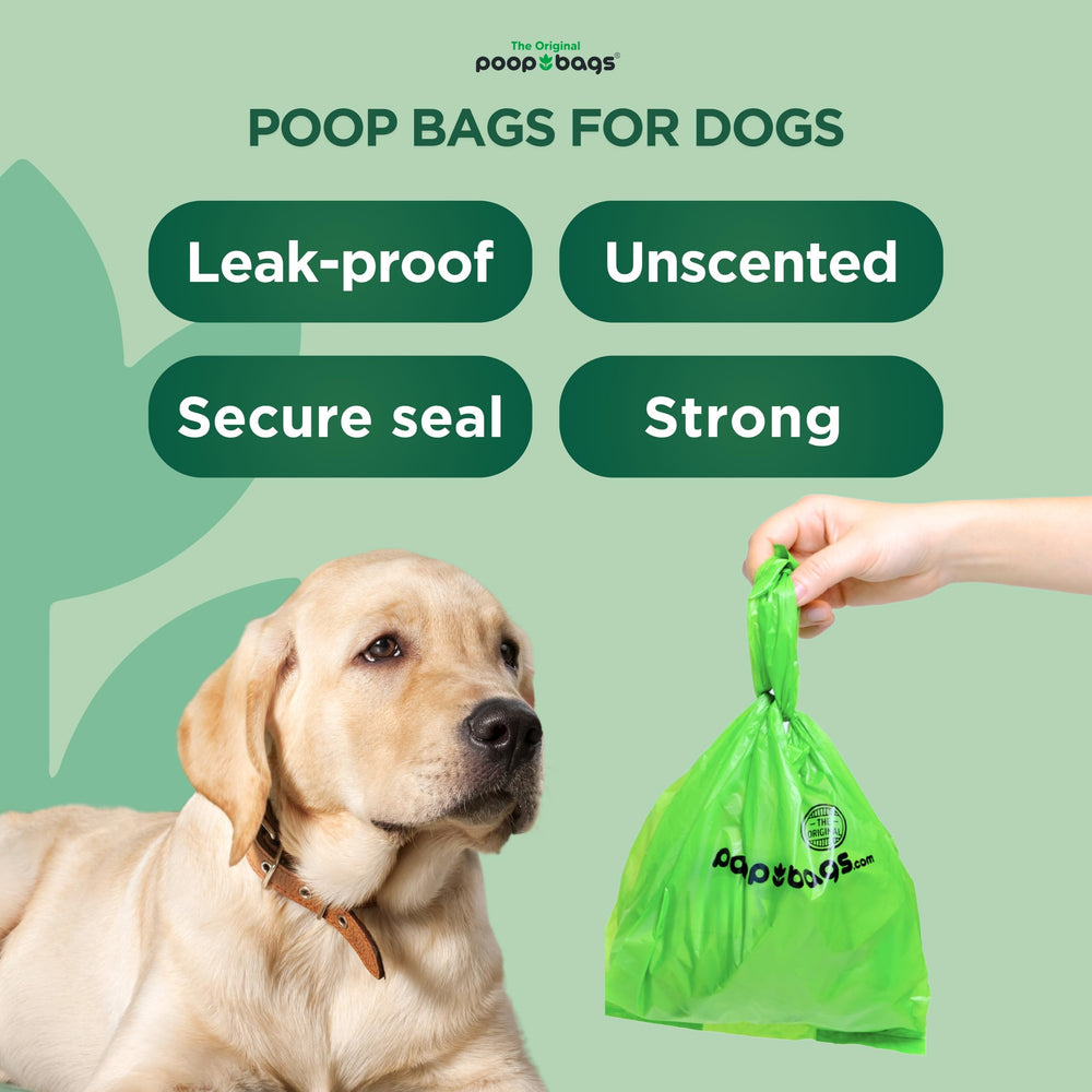 The Original Poop Bags heavy-duty strength suits small and large dogs.