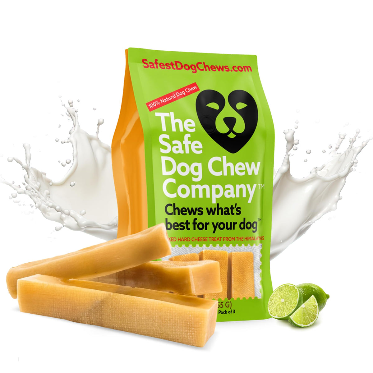 The Safe Dog Chew Company XLarge cheese chews pack3 label highlights long-lasting large-dog treats