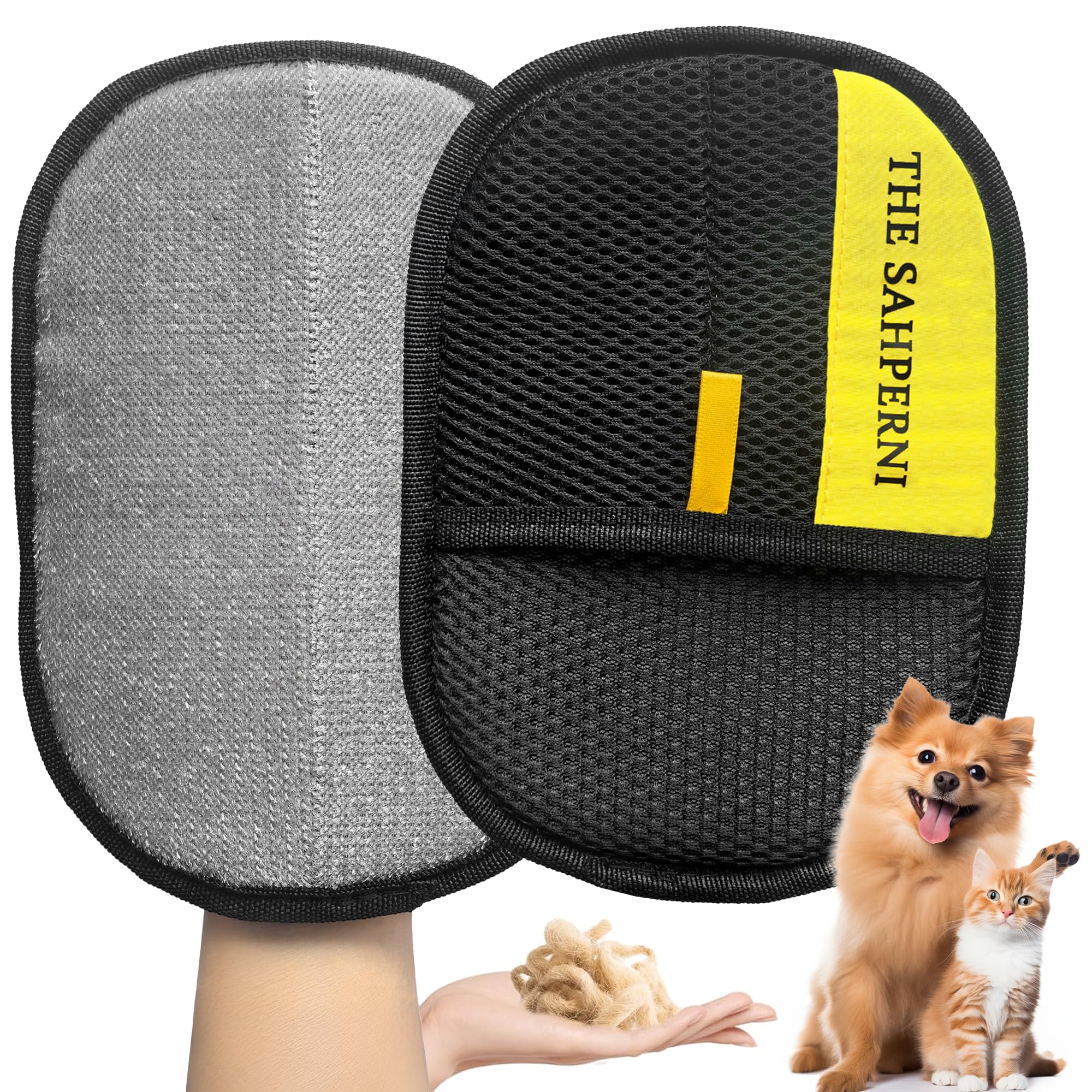 THE SAHPERNI Pet Hair Removal Glove packaging highlights reusable design for quick fur cleanup